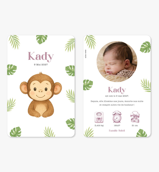 Faire-part de naissance – singe tropical monstera illustration