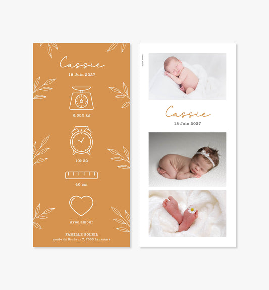 Faire-part de naissance – jaune moutarde feuilles minimaliste