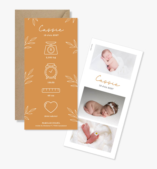 Faire-part de naissance – jaune moutarde feuilles minimaliste