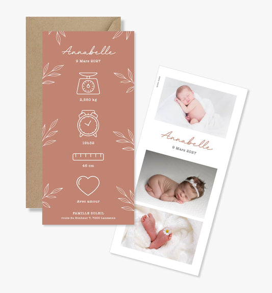 Faire-part de naissance – terra cotta feuilles minimaliste