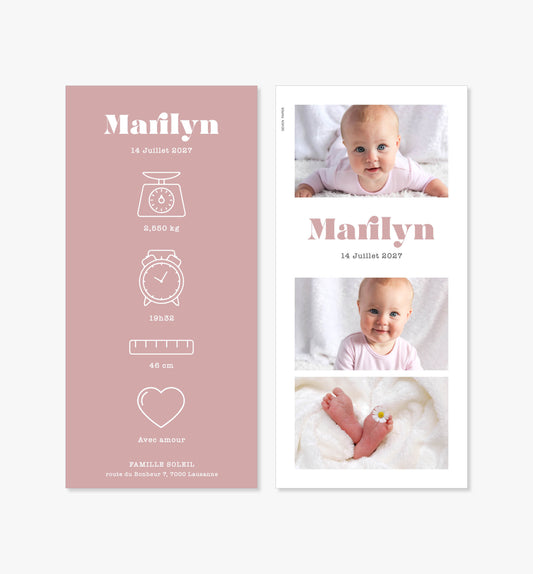 Faire-part de naissance fille – rose minimaliste