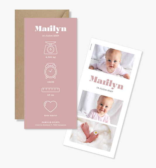 Faire-part de naissance fille – rose minimaliste