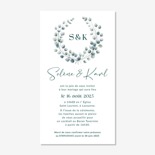 Invitation de mariage numérique aquarelle eucalyptus fleurs