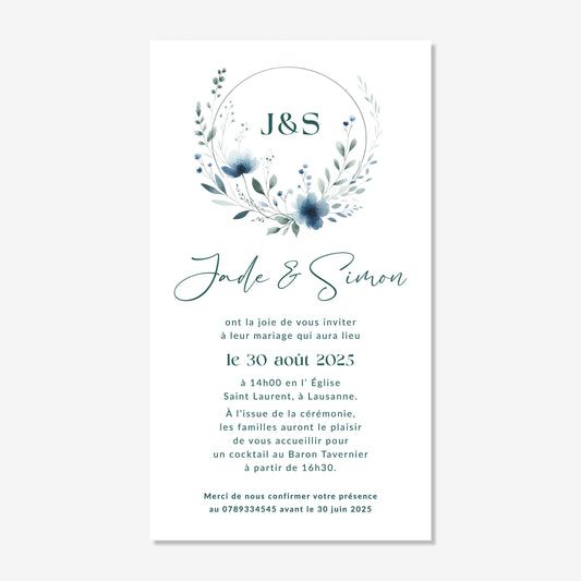 Invitation de mariage numérique aquarelle couronne bleu fleurs