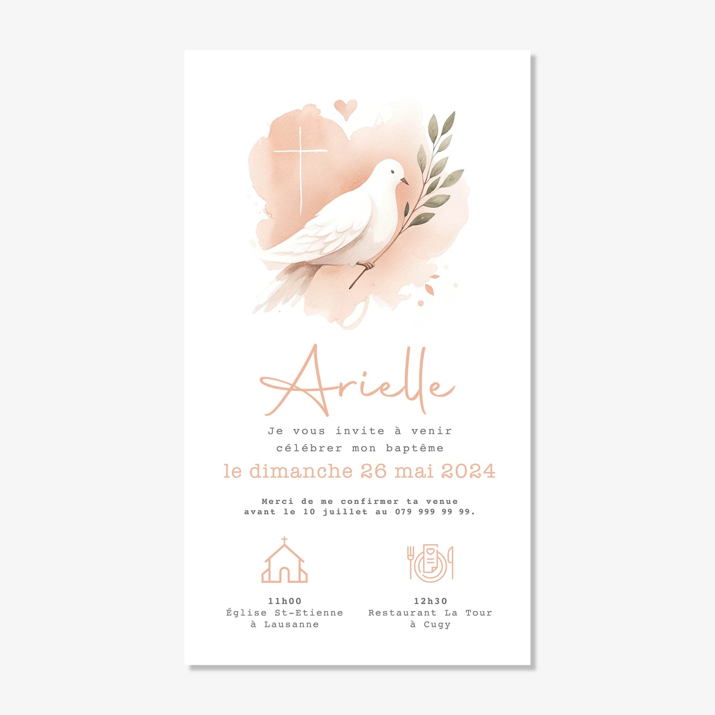 Invitation baptême numérique aquarelle colombe rose