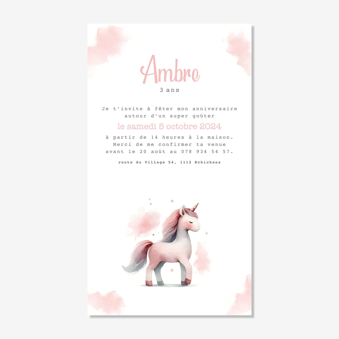 Invitation anniversaire numérique aquarelle rose licorne