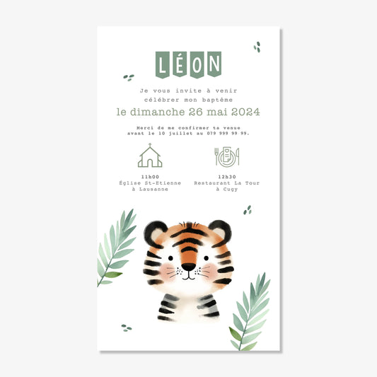 Invitation baptême numérique aquarelle tigre