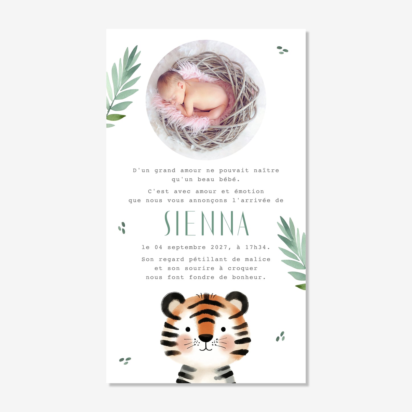 Faire-part de naissance numérique illustration tigre aquarelle feuilles