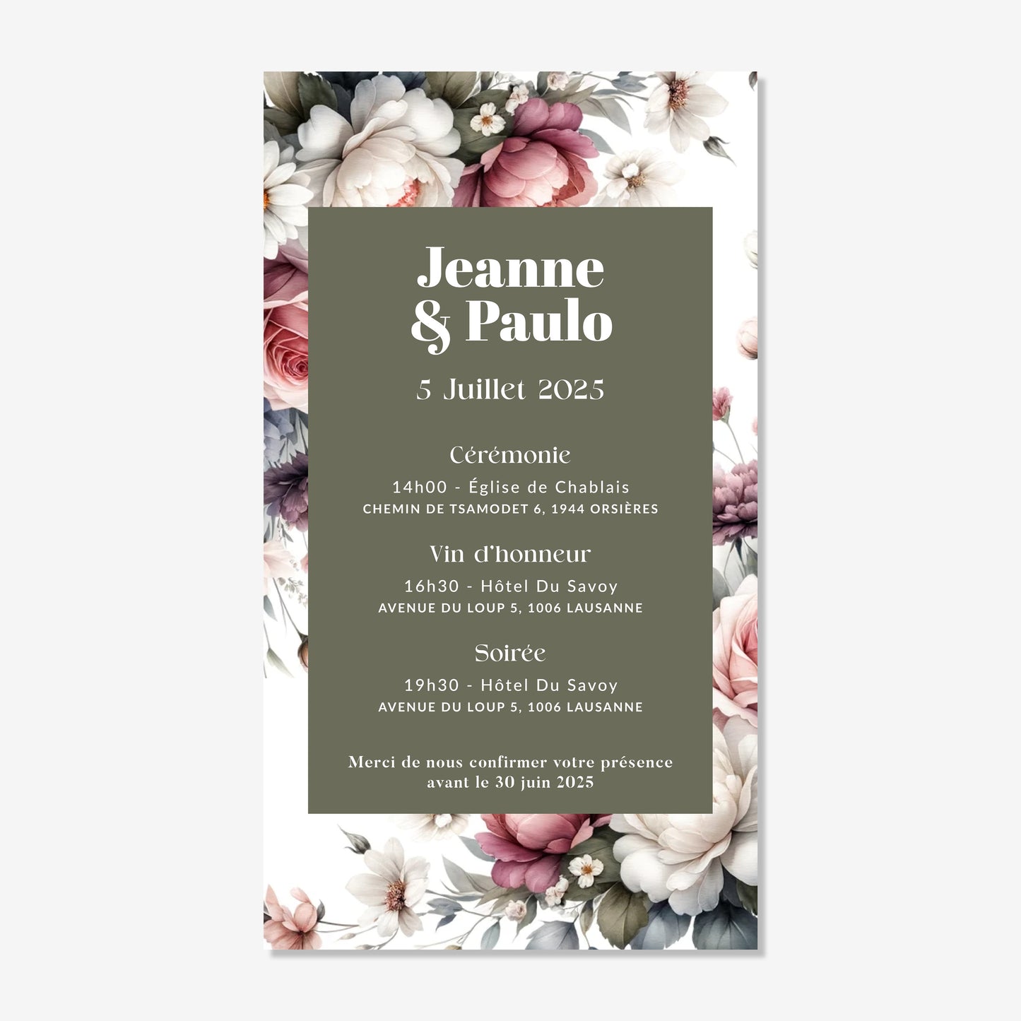 Invitation de mariage numérique aquarelle élégant fleurs