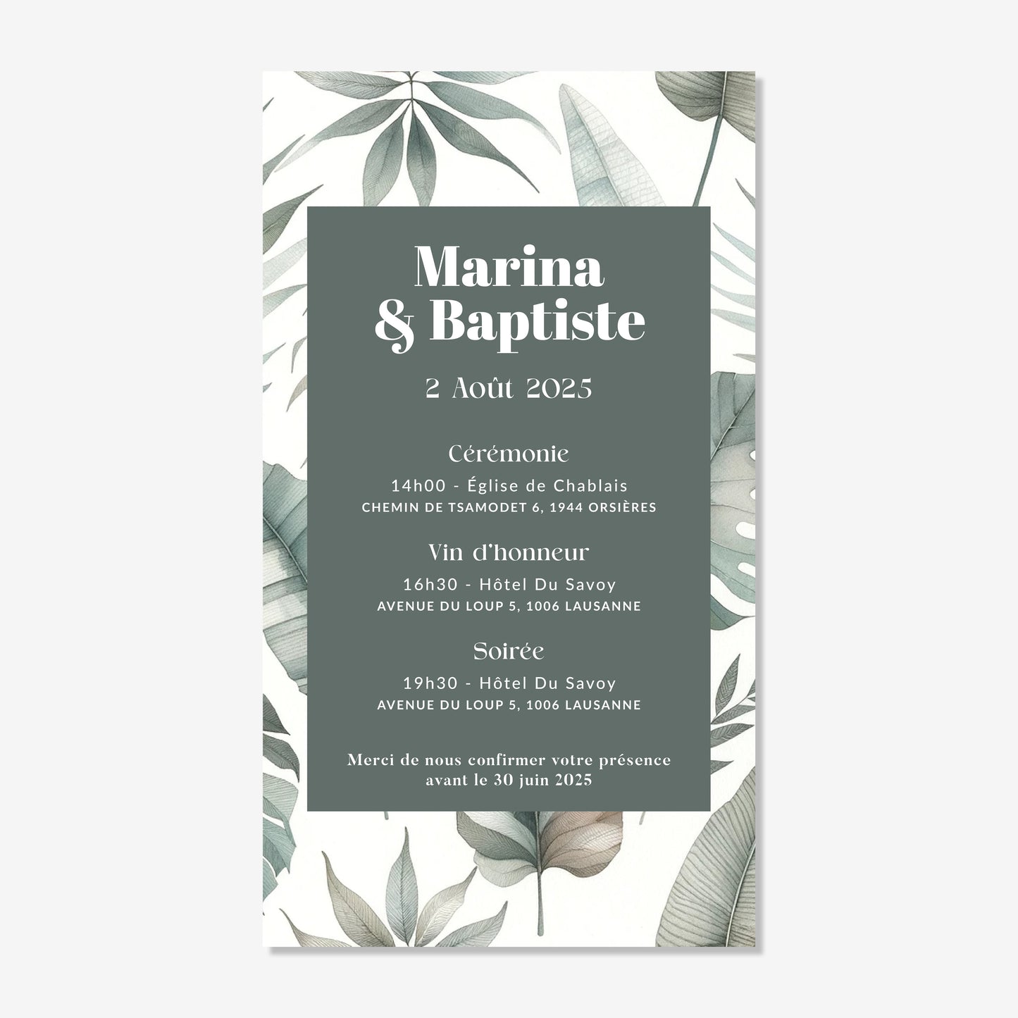 Invitation de mariage numérique aquarelle élégant tropical