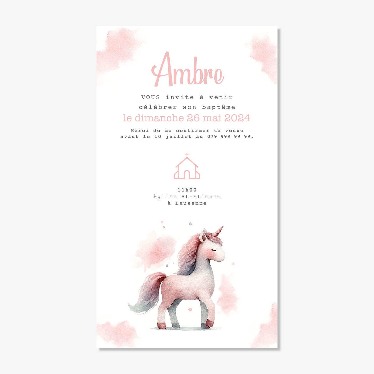 Invitation baptême numérique aquarelle licorne