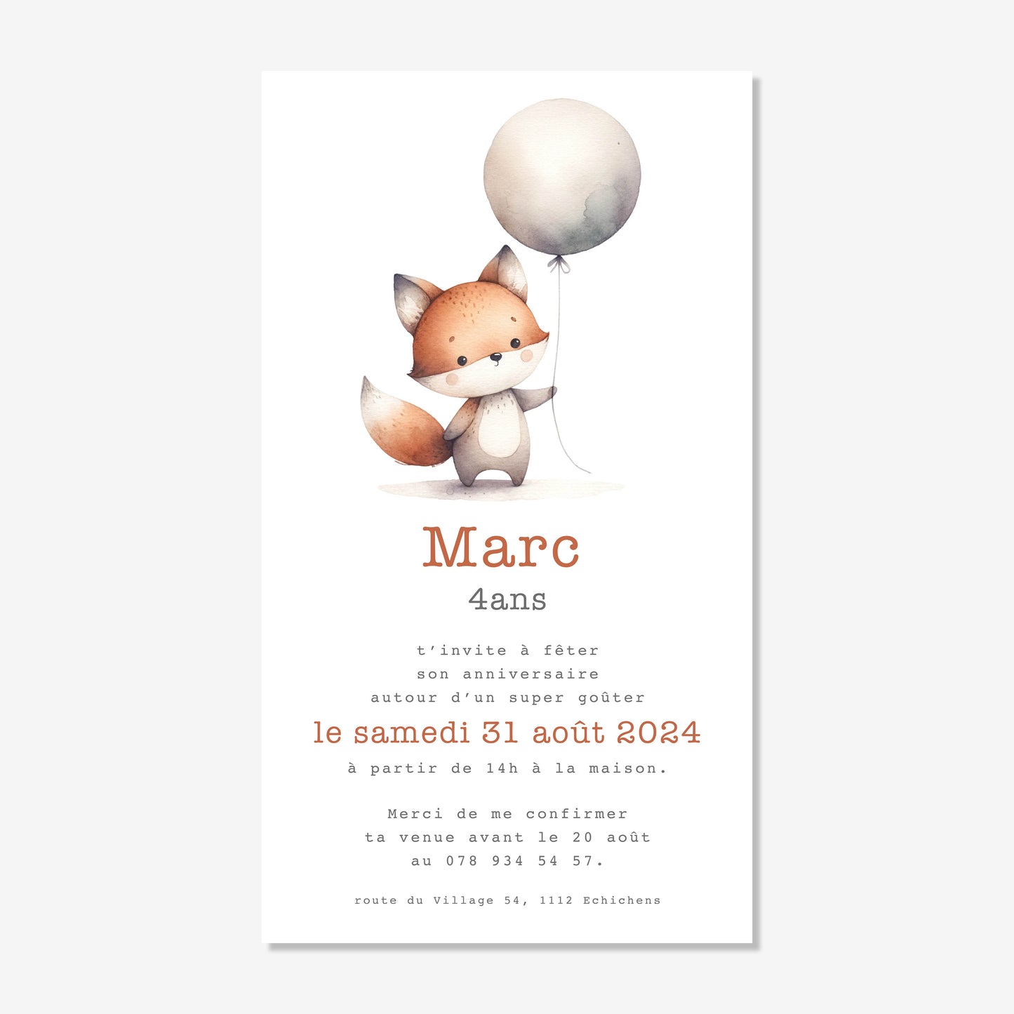 Invitation anniversaire numérique aquarelle renard ballon