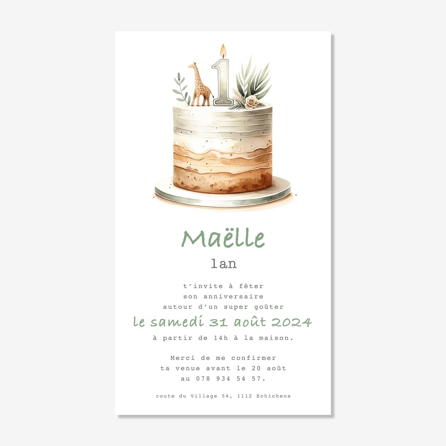 Invitation anniversaire numérique gâteau anni tropical vert