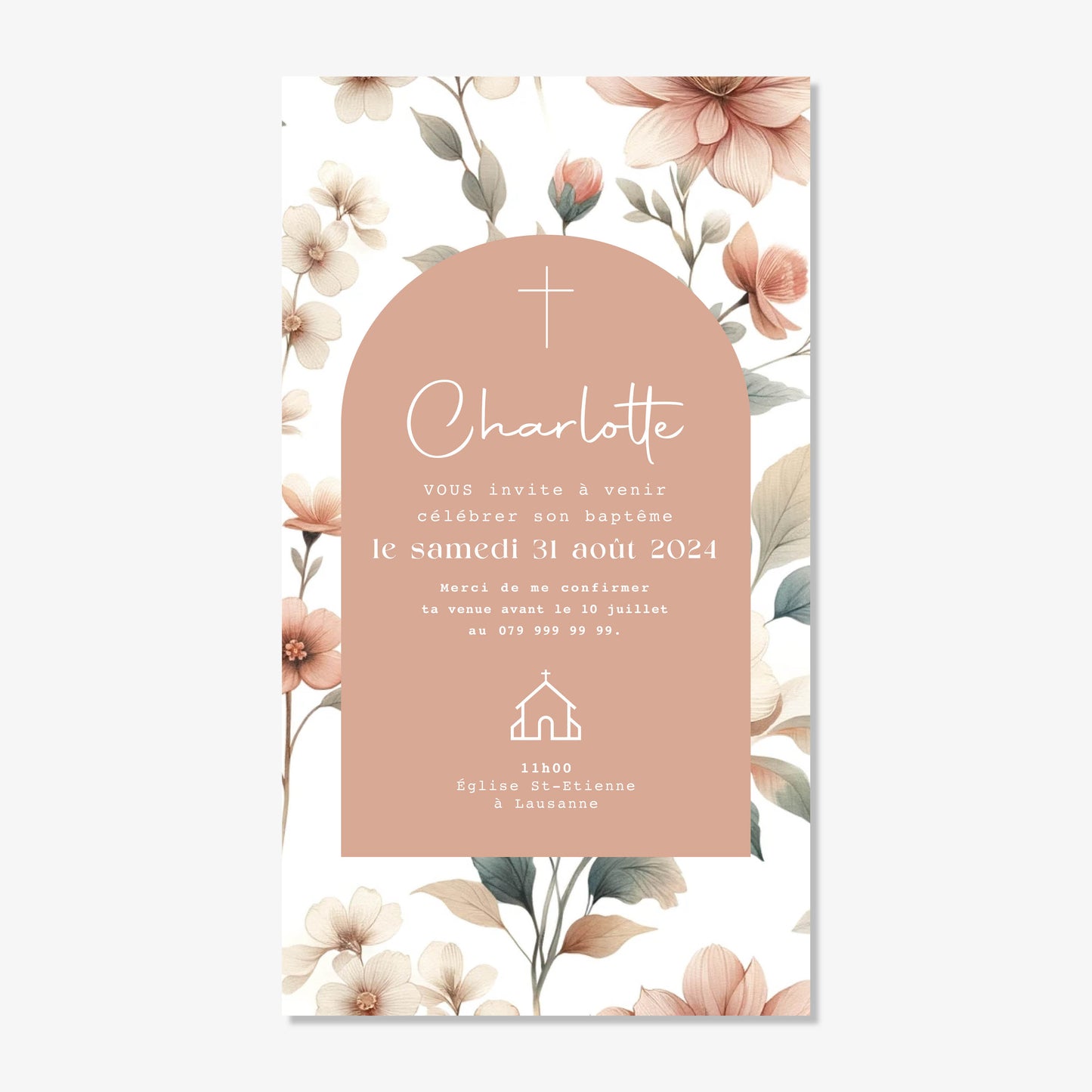 Invitation baptême numérique aquarelle boho rose