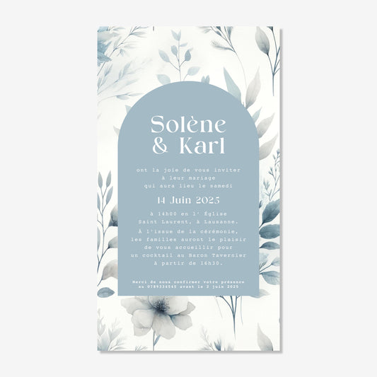 Invitation de mariage numérique aquarelle bleu fleurs