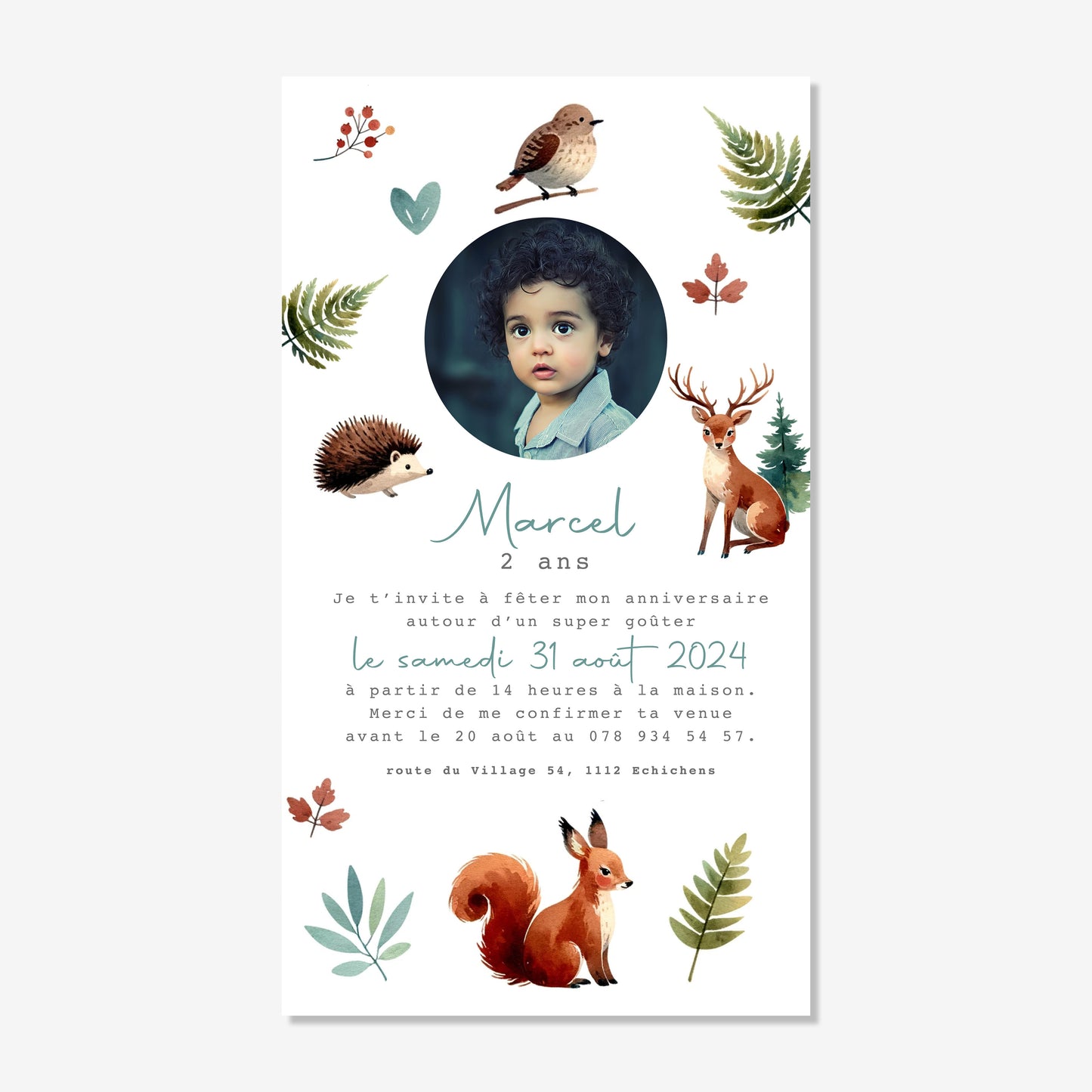 Invitation anniversaire numérique aquarelle animaux de la forêt