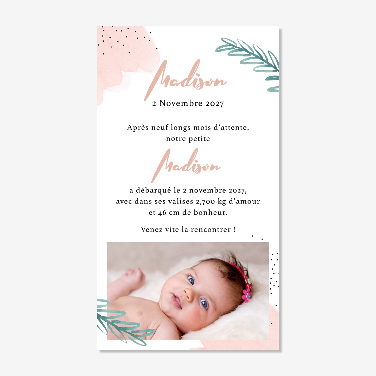 Faire-part de naissance numérique rose épuré