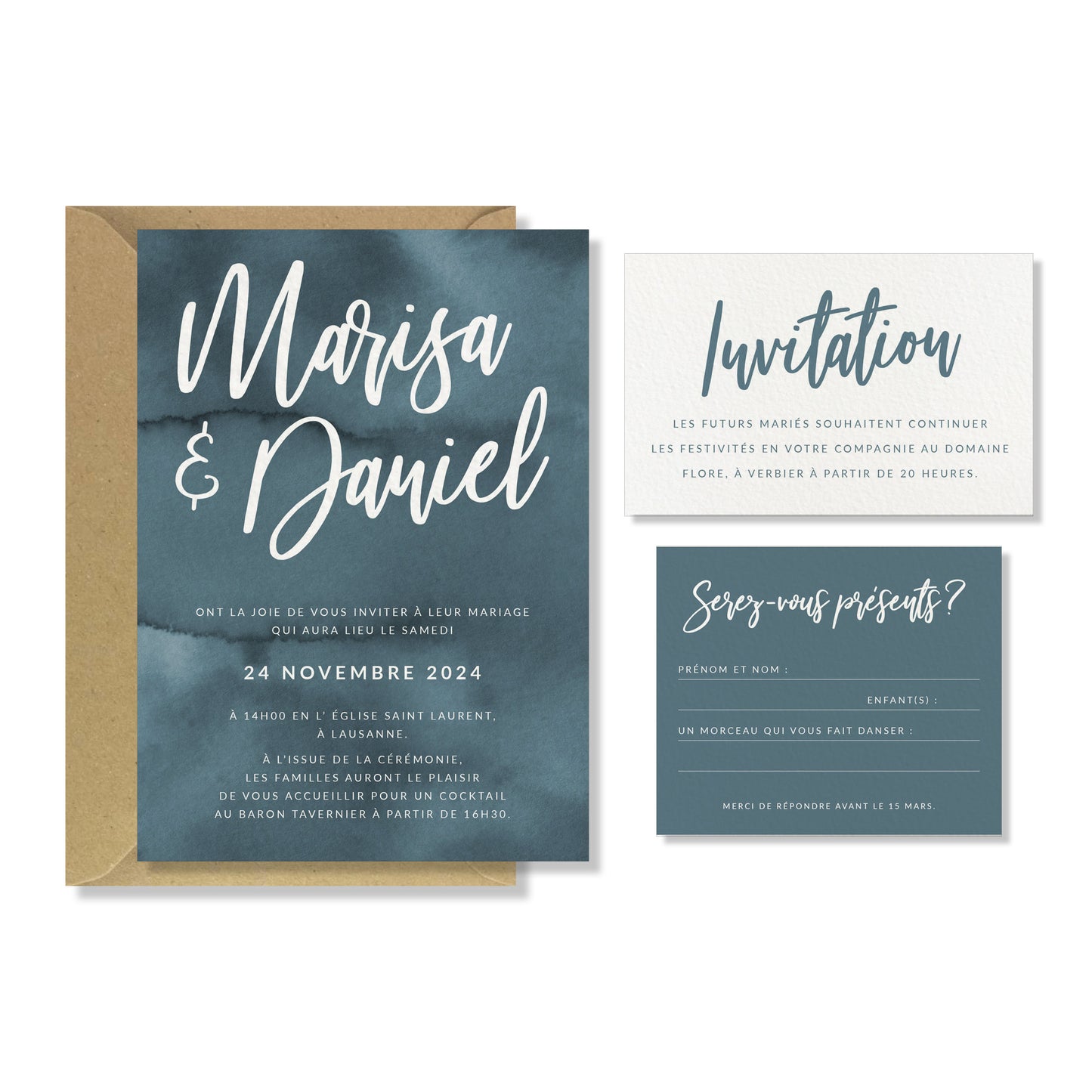 PACK faire-part + carton soirée + carton RSVP - Blue Minerals