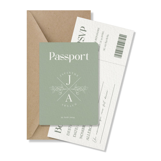 PACK faire-part passport + carton billet d'avion, vert