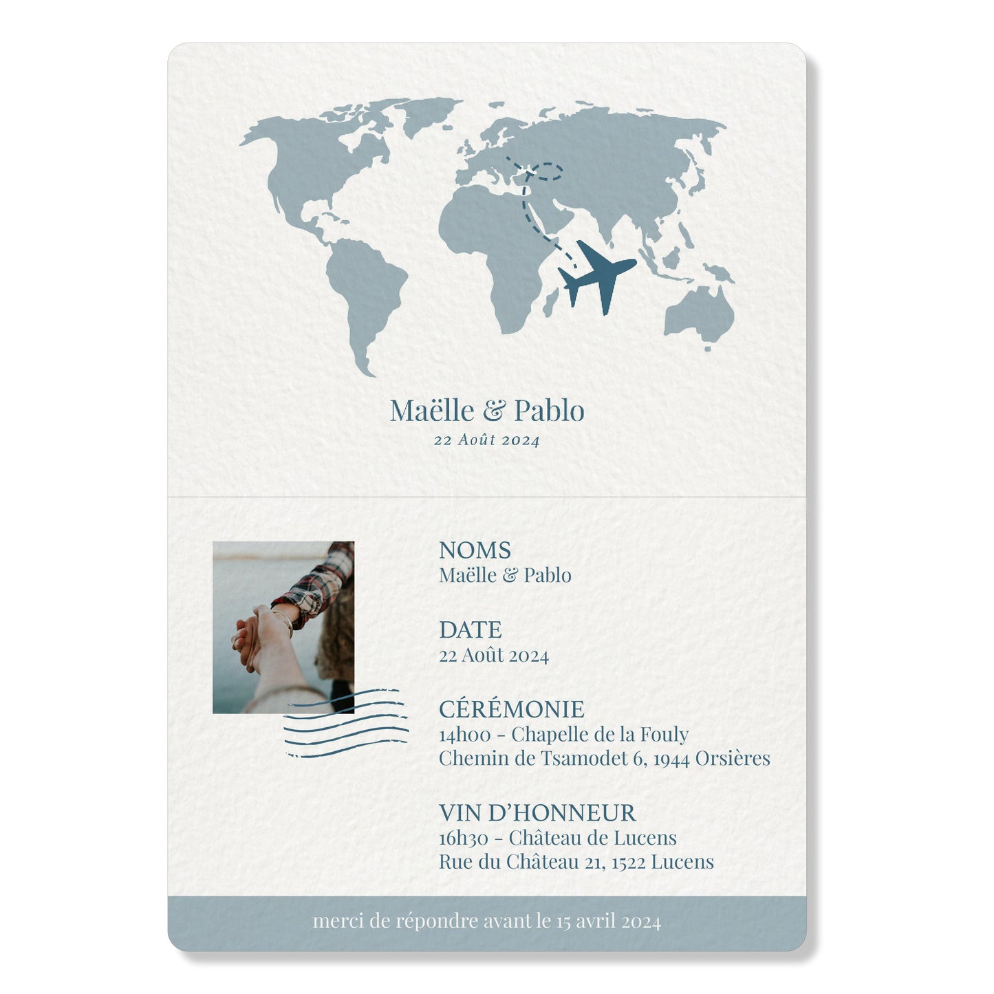 PACK faire-part passport + carton billet d'avion, bleu