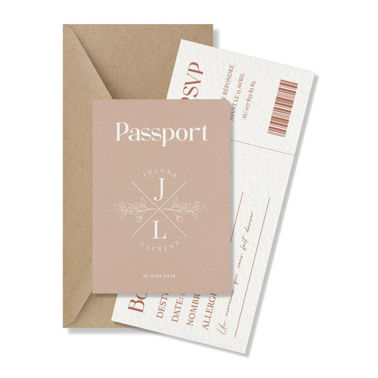 PACK faire-part passport + carton billet d'avion, rose pâle