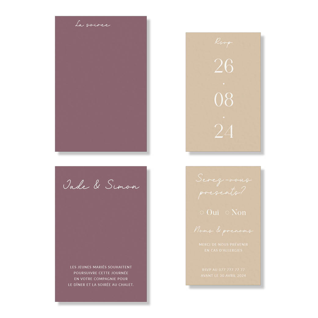 PACK faire-part + carton soirée + carton RSVP - Prune