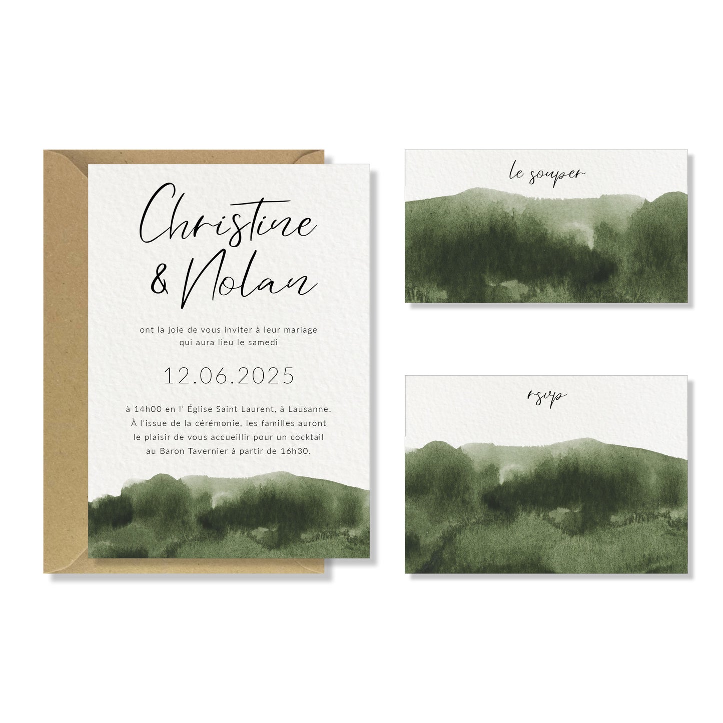 PACK-Ankündigung + Abendkarte + RSVP-Karte - Olivgrün