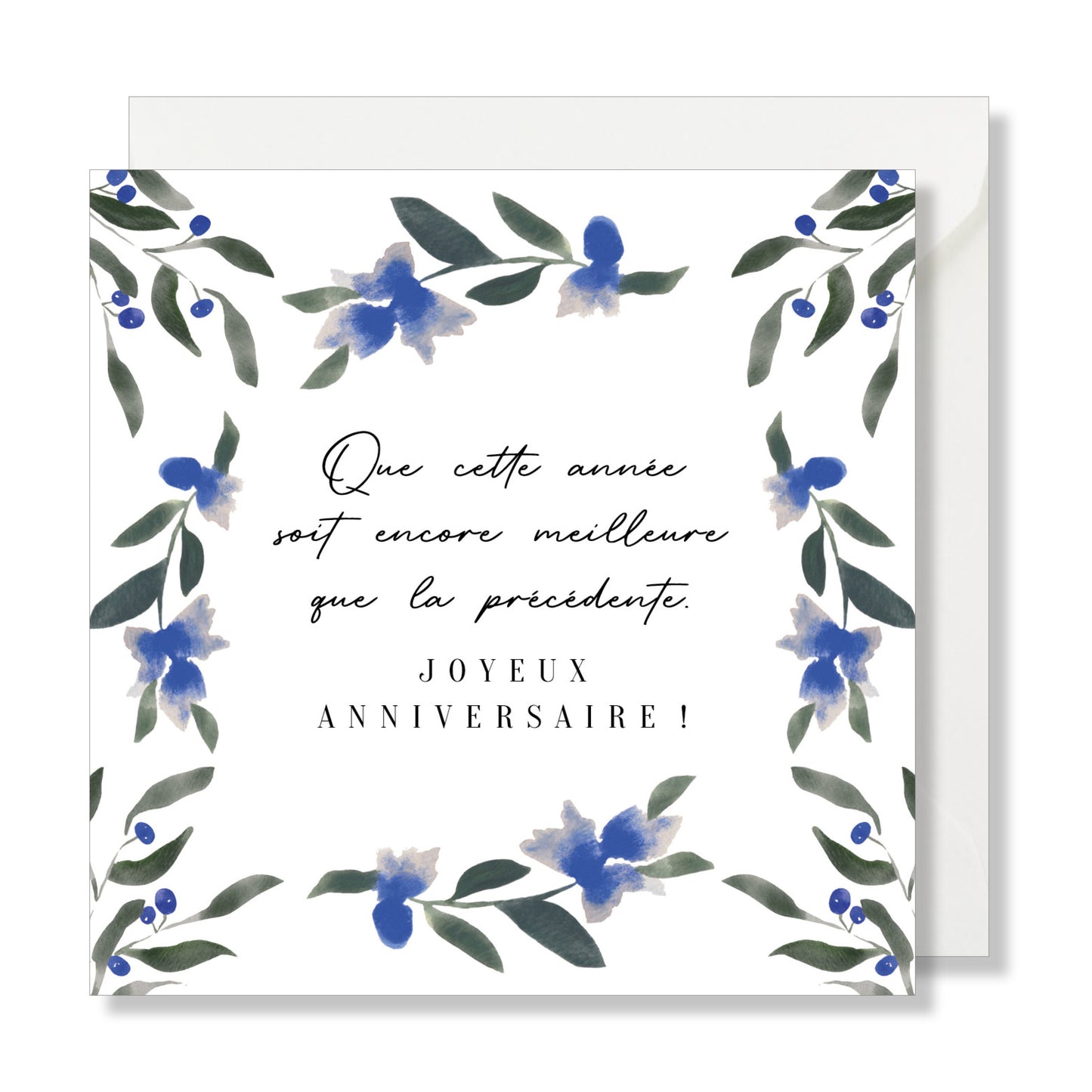 Carte de vœux carrée "joyeux anniversaire" bleuet bleu fleurs aquarelle