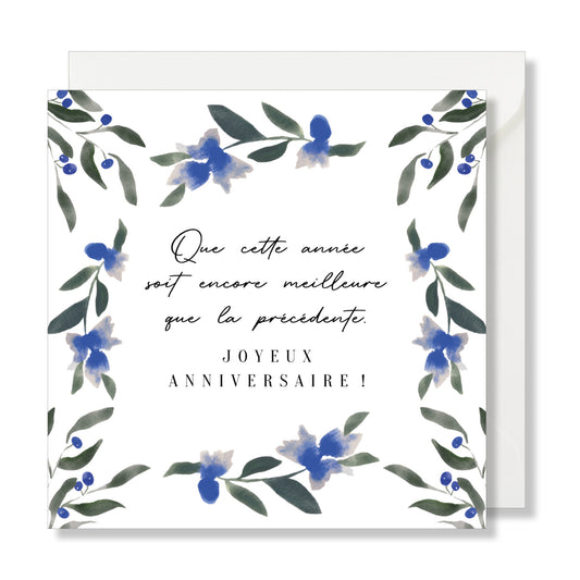 Carte de vœux carrée "joyeux anniversaire" bleuet bleu fleurs aquarelle
