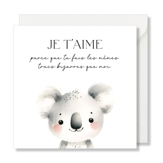 Carte de vœux carrée "je t'aime" koala aquarelle