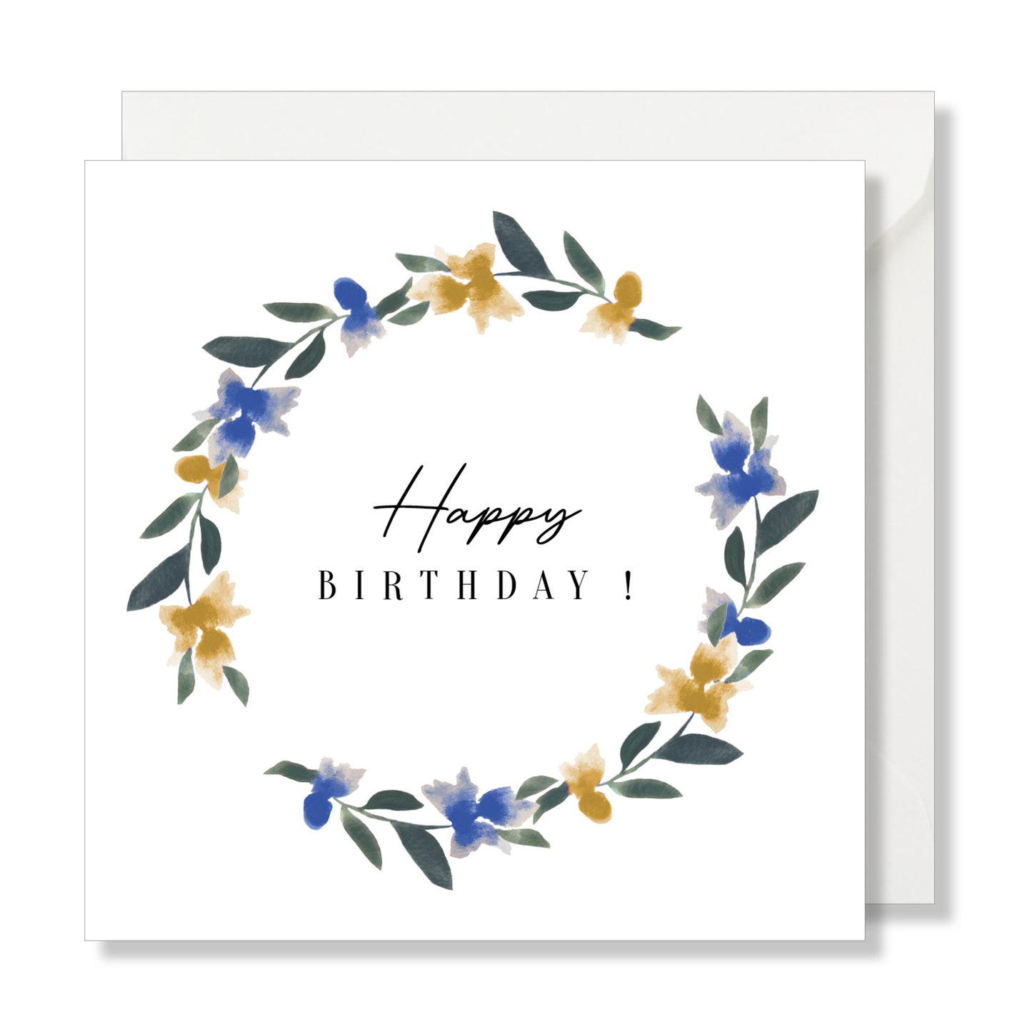 Carte de vœux carrée "happy birthday" bleuet couronne jaune bleu