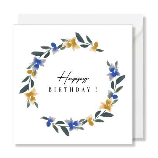 Carte de vœux carrée "happy birthday" bleuet couronne jaune bleu