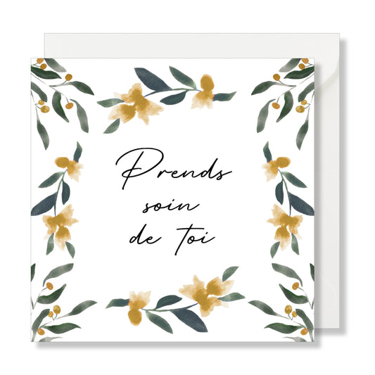 Carte de vœux carrée "prends soin de toi" aquarelle