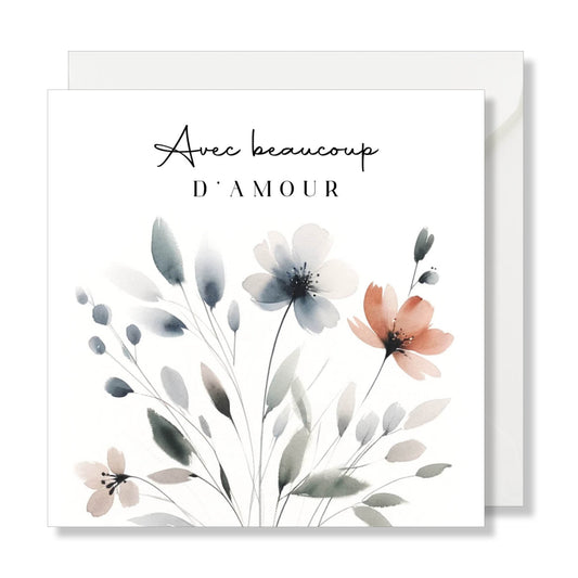 Carte de vœux carrée "avec beaucoup d'amour" aquarelle fleurs bleu saumon