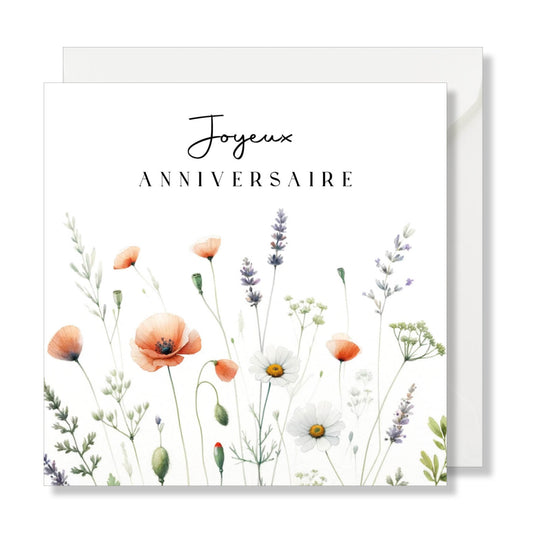 Carte de vœux carrée "joyeux anniversaire" aquarelle fleurs des champs
