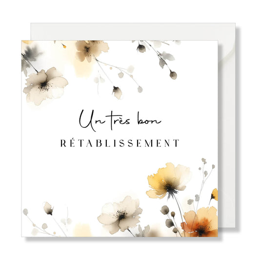 Carte de vœux carrée "un très bon rétablissement" aquarelle fleurs
