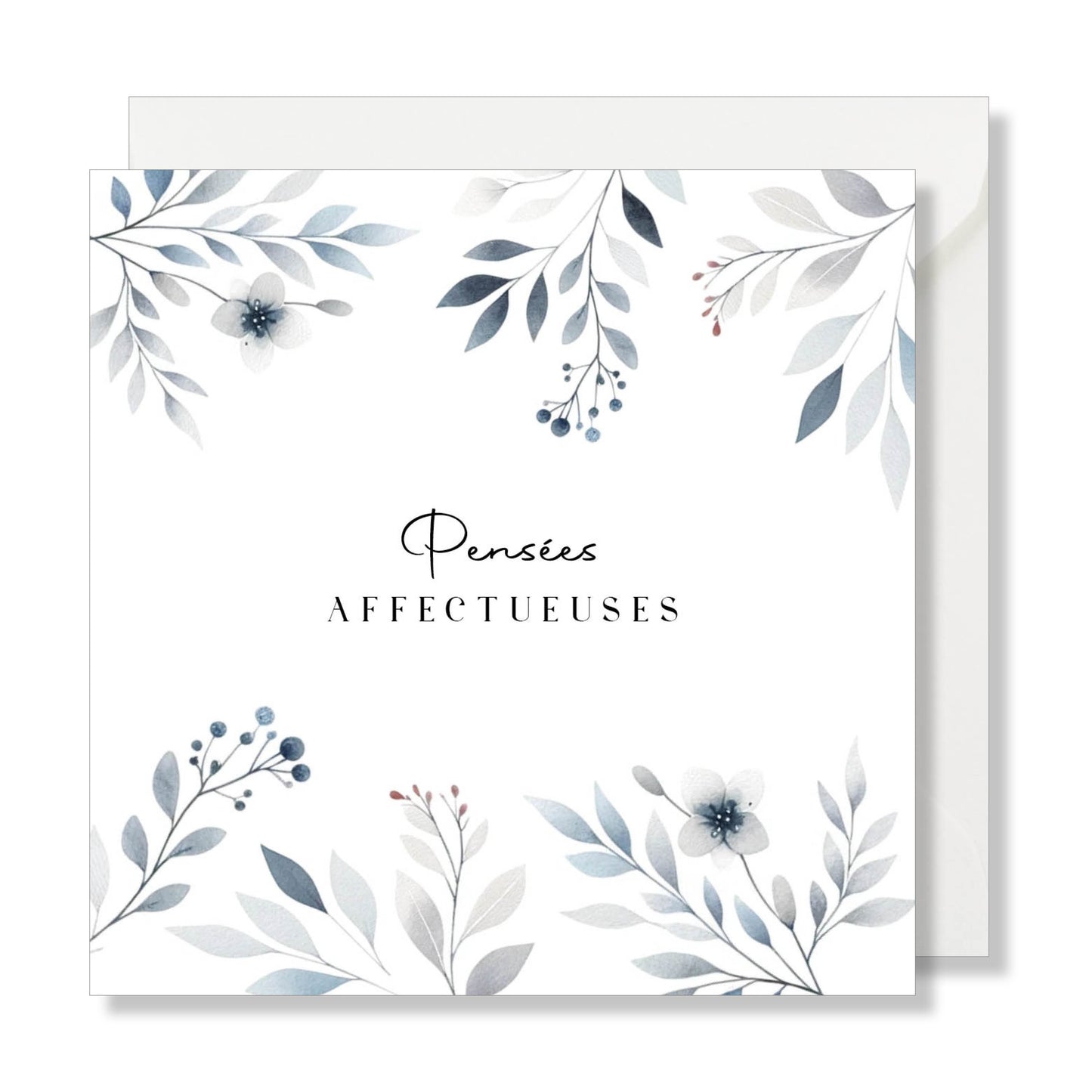 Carte de vœux carrée "pensées affectueuses" aquarelle fleurs bleu