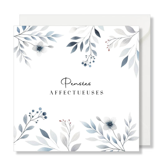 Carte de vœux carrée "pensées affectueuses" aquarelle fleurs bleu