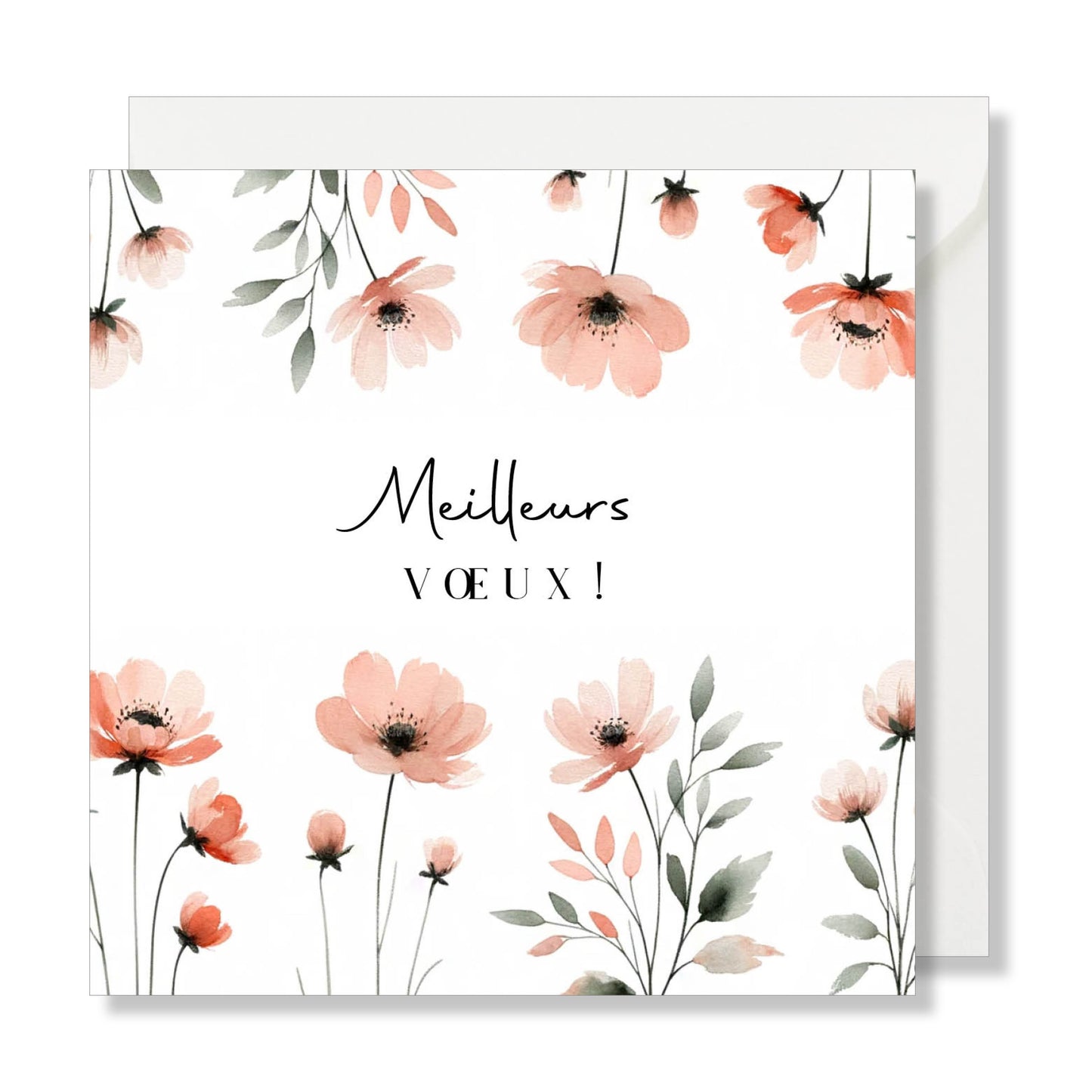 Carte de vœux carrée "meilleurs vœux" aquarelle fleurs