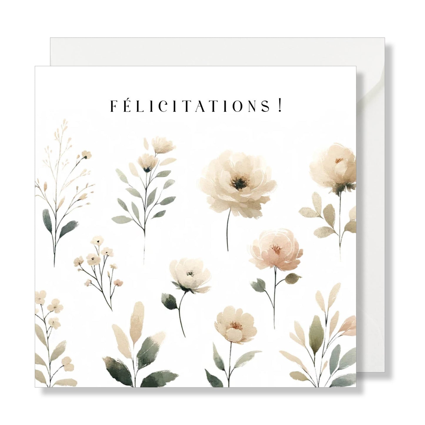 Carte de vœux carrée "félicitations" aquarelle fleurs nude beige