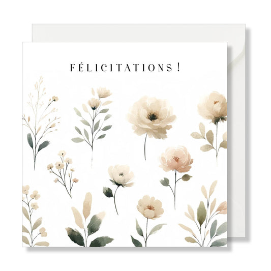 Carte de vœux carrée "félicitations" aquarelle fleurs nude beige