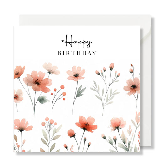Carte de vœux carrée "happy birthday" aquarelle fleurs rose vert