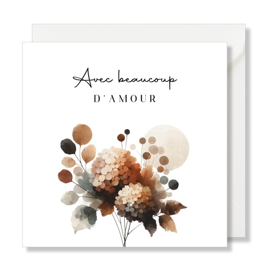 Carte de vœux carrée "avec beaucoup d'amour" aquarelle automne fleurs rond