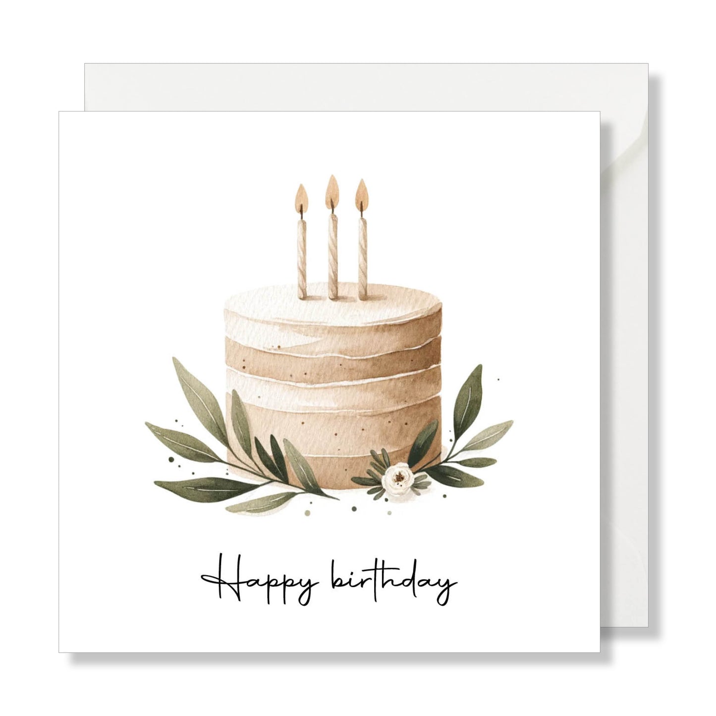 Carte de vœux carrée "happy birthday" aquarelle gâteau beige vert