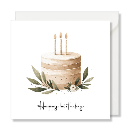 Carte de vœux carrée "happy birthday" aquarelle gâteau beige vert
