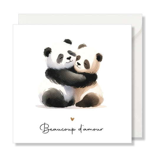 Carte de vœux carrée "beaucoup d'amour" aquarelle câlin panda