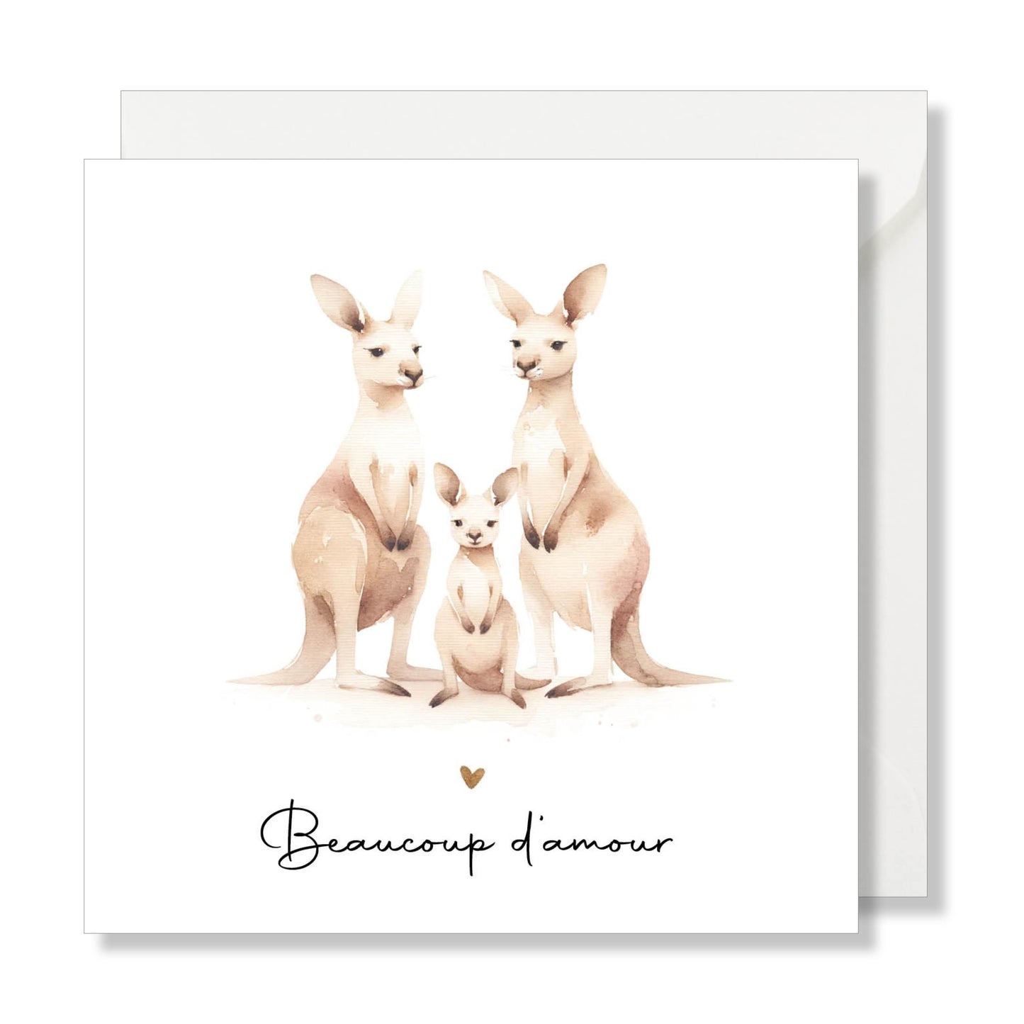 Carte de vœux carrée "beaucoup d'amour" illustration famille kangourou
