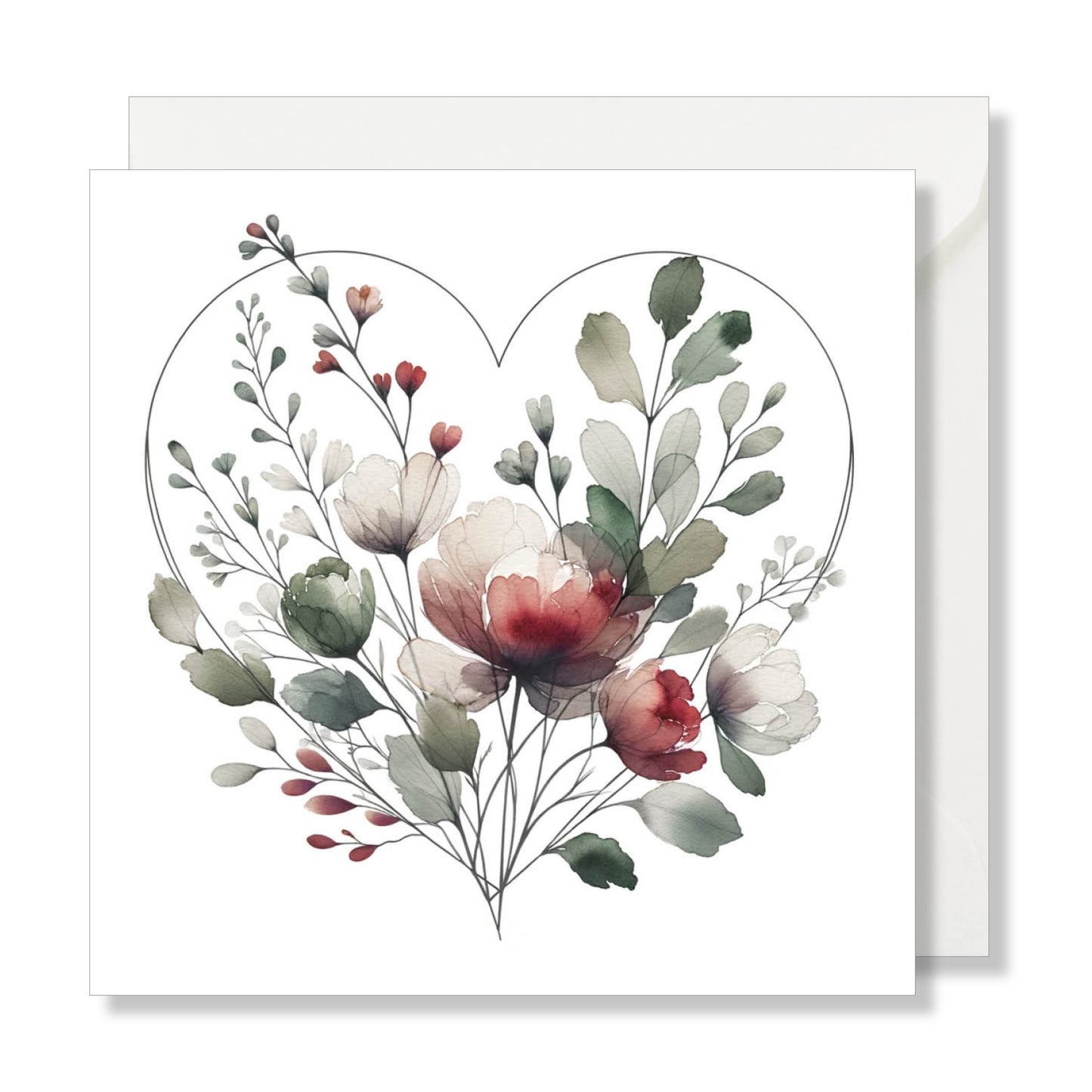 Carte de vœux carrée "cœur en aquarelle" rouge