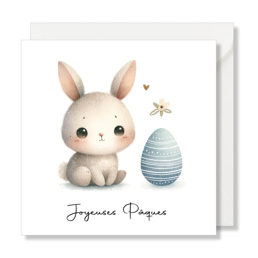 Carte de vœux carrée "Joyeuses Pâques" aquarelle lapin œuf