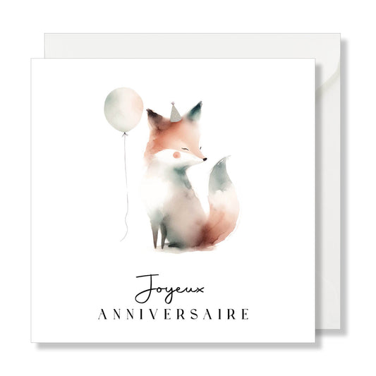Carte de vœux carrée "joyeux anniversaire" renard aquarelle